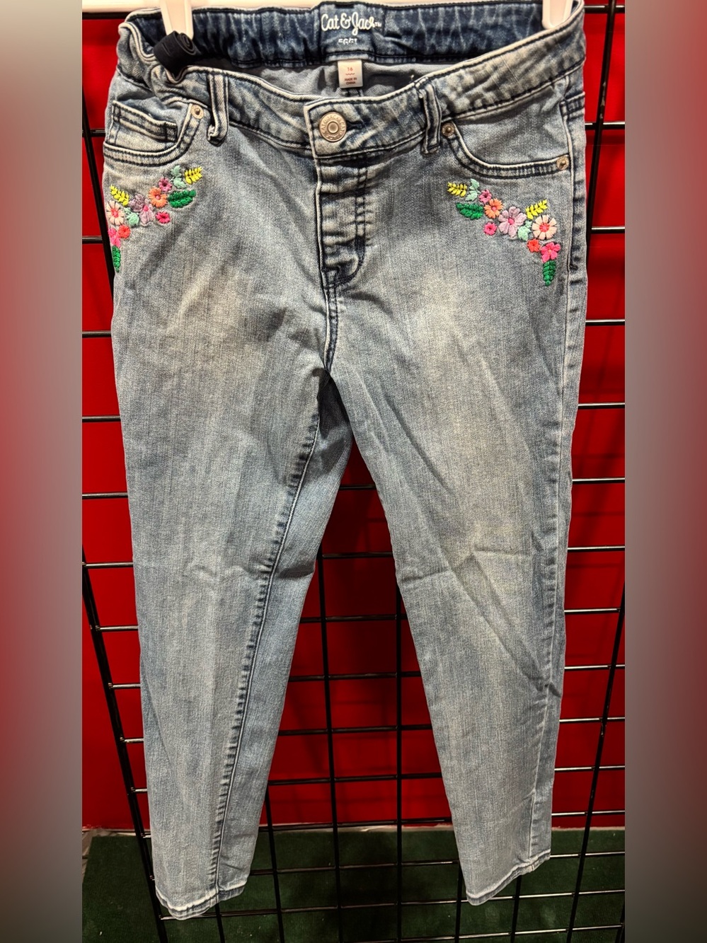 Cat & Jack Light Blue Skinny Jeans with Pink & Yellow Floral Embroidery(Sz 16)